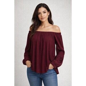 J.O.A Women’s Maroon Red Off The Shoulder Semi Sheer Blouse Boho Romantic Large